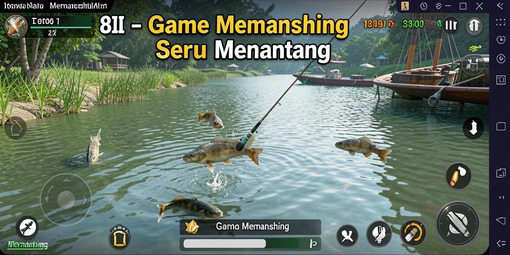Antarmuka menarik game Memancing 8II yang menampilkan lokasi dan aktivitas memancing.