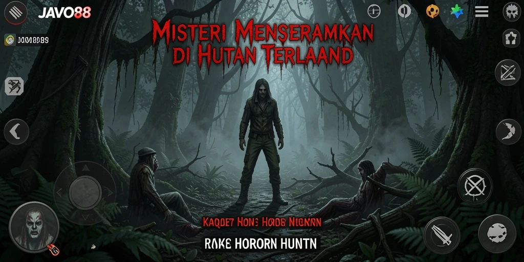 Tampilan antarmuka menakutkan dengan nuansa hutan yang kelam dan misterius.