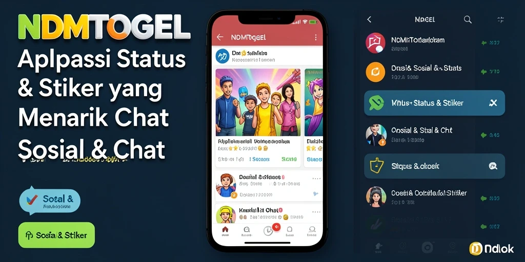 Screenshot tampilan antarmuka aplikasi NDMTOGEL dengan berbagai stiker menarik.