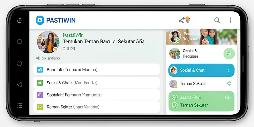 Tampilan antarmuka PASTIWIN dengan fitur pencarian teman sekitar.