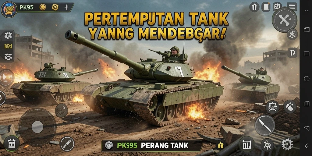Screenshot utama PK95 menampilkan pertempuran tank yang intens dan antarmuka pengguna yang menarik.